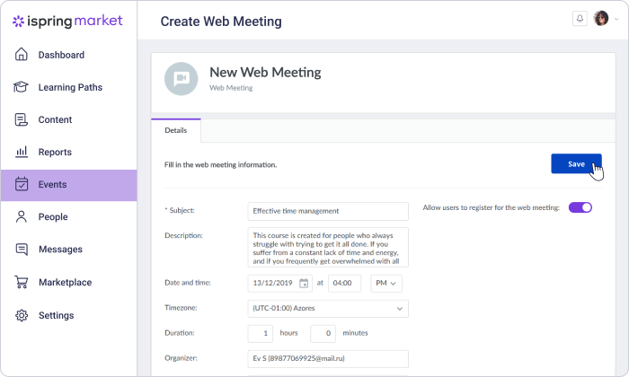 Creating a webinar Creating a webinar in iSpring Market