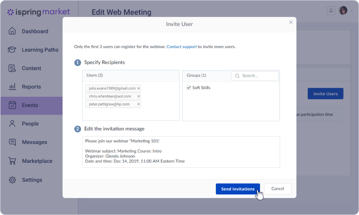 Inviting users to a webinar in iSpring Market