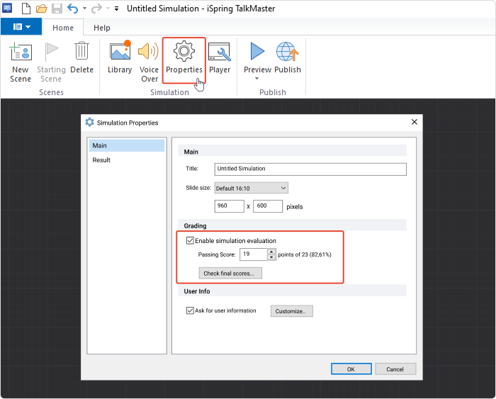 Enabling simulation evaluation in iSpring Suite Max