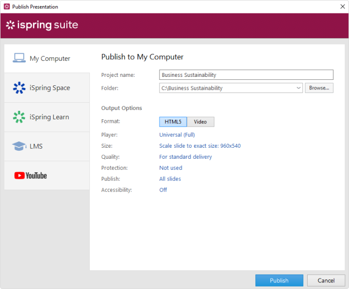 Publishing a video presentation with iSpring Suite