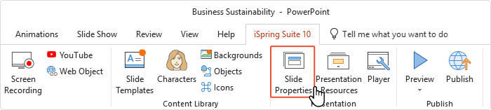 Slide properties button in iSpring Suite