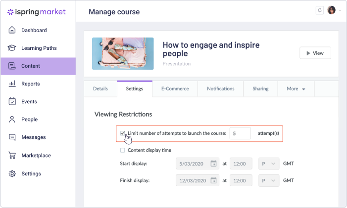 Viewing restrictions in iSpring Market