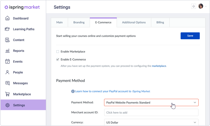 Currency settings in iSpring Market Choosing a currency in iSpring Market
