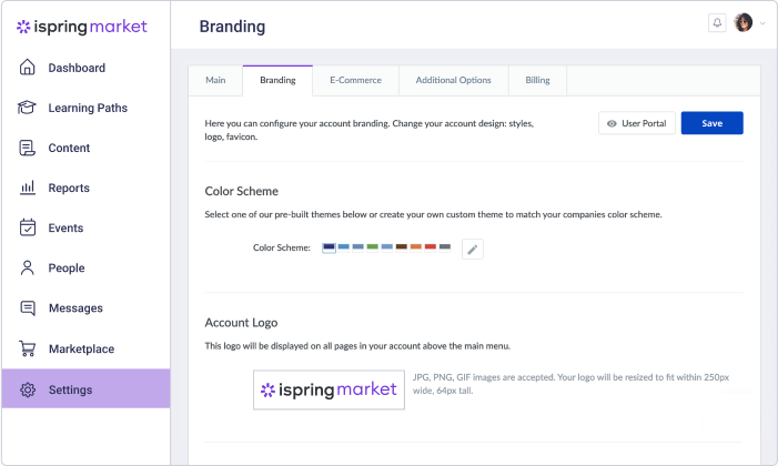 Branding settings in iSpring Market