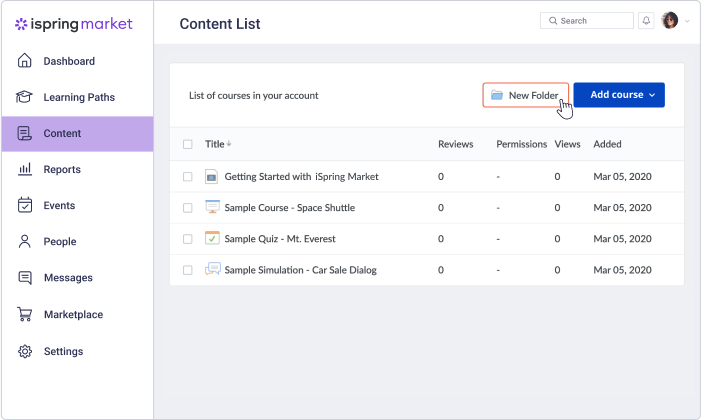 Creating a new folder Creating a new folder in iSpring Market account