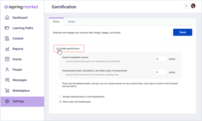 Gamification options in iSpring Market