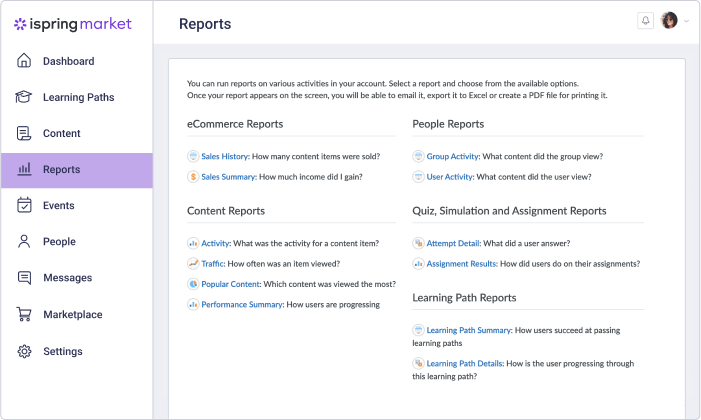 Report types in iSpring Market