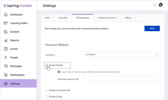 E-commerce settings in iSpring market