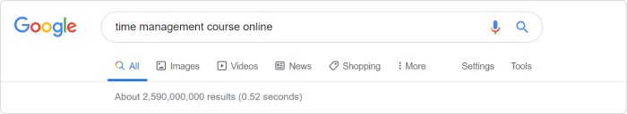 Search query “time management course online” shows over 2,5 billion results