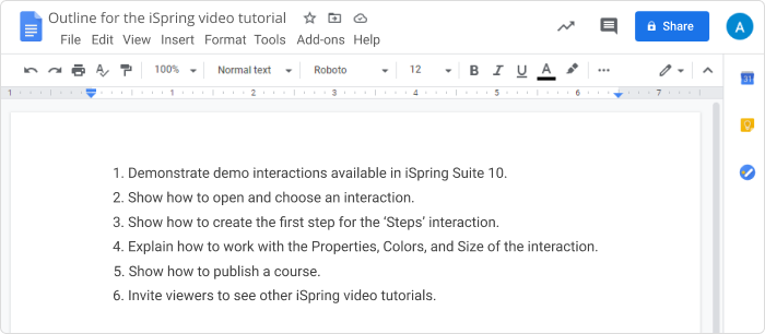Outline for the iSpring video tutorial