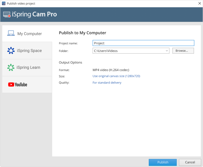 Publishing a video project with iSpring Suite