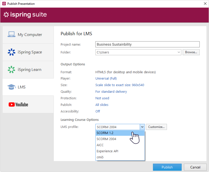 LMS publishing settings in iSpring Suite 