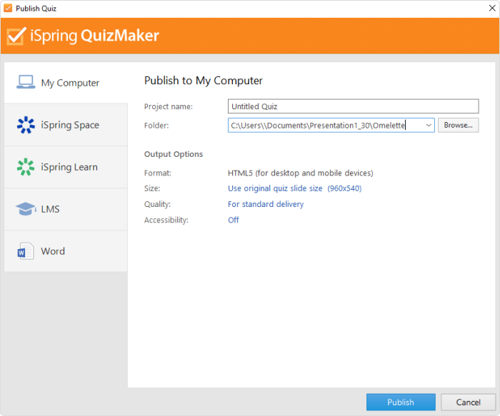 Publishing a quiz in iSpring QuizMaker