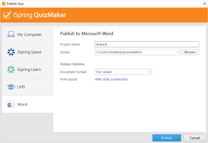 Publishing a quiz to Word in iSpring QuizMaker