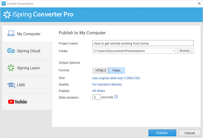 Publishing a Presentation to Video in iSpring Converter Pro