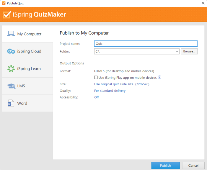 Publishing a quiz in iSpring QuizMaker
