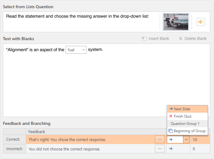Setting up branching in iSpring QuizMake