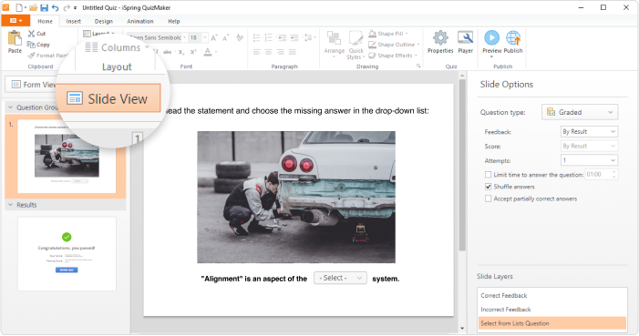 Setting up the slide design in iSpring QuizMaker