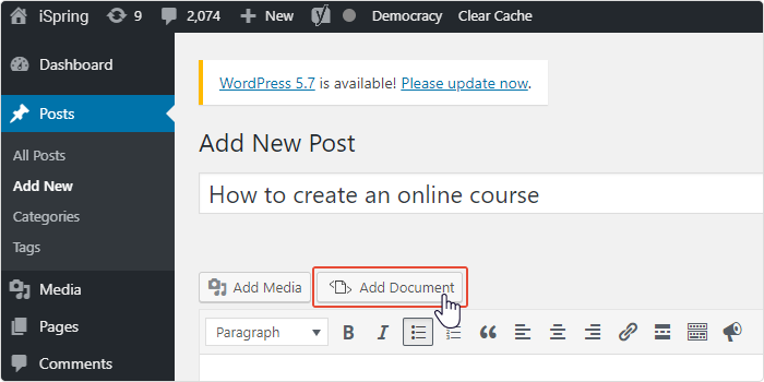 Add Document button in WordPress