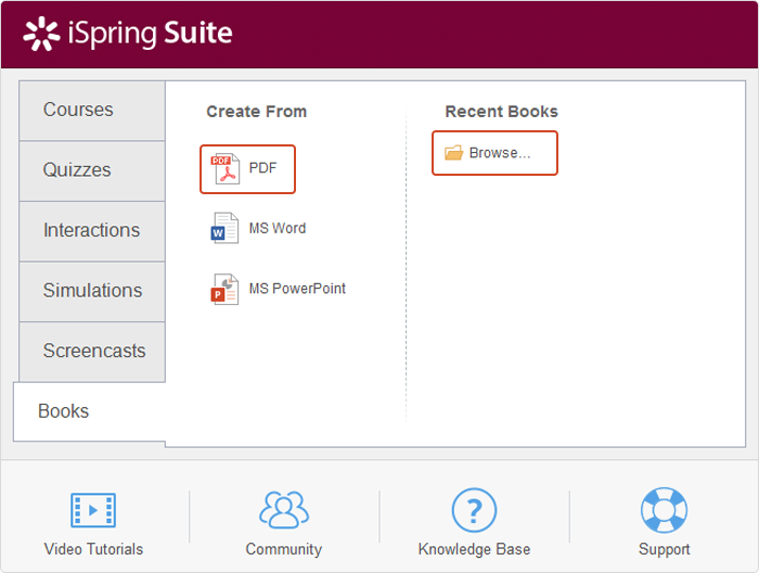 Books tab in iSpring Suite