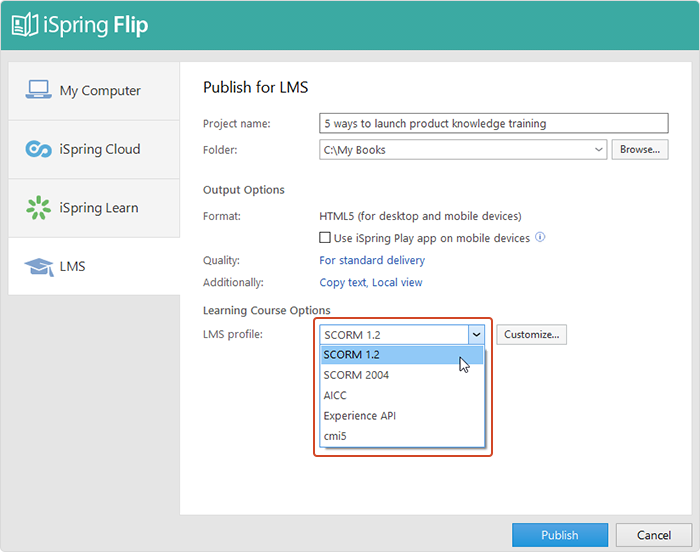 iSpring Suite e-course customization options