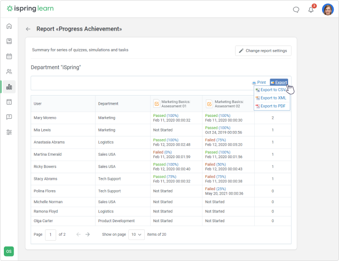 Progress Achievements report in iSpring Learn Progress Achievements in iSpring Learn