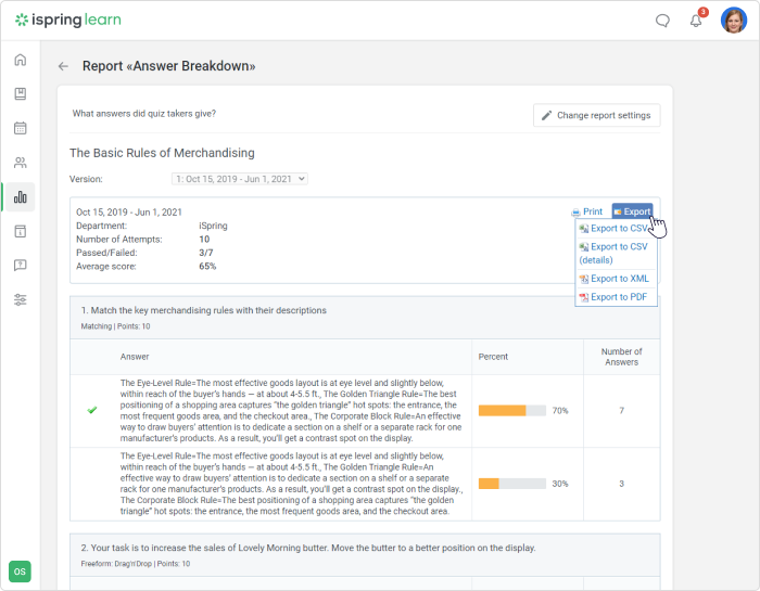 The analysis of answers in iSpring Learn