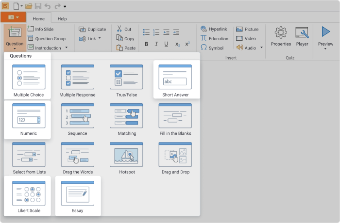 Questions in the iSpring Suite authoring toolkit