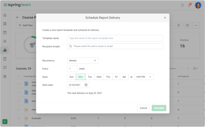 LMS reporting Schedule Report Delivery