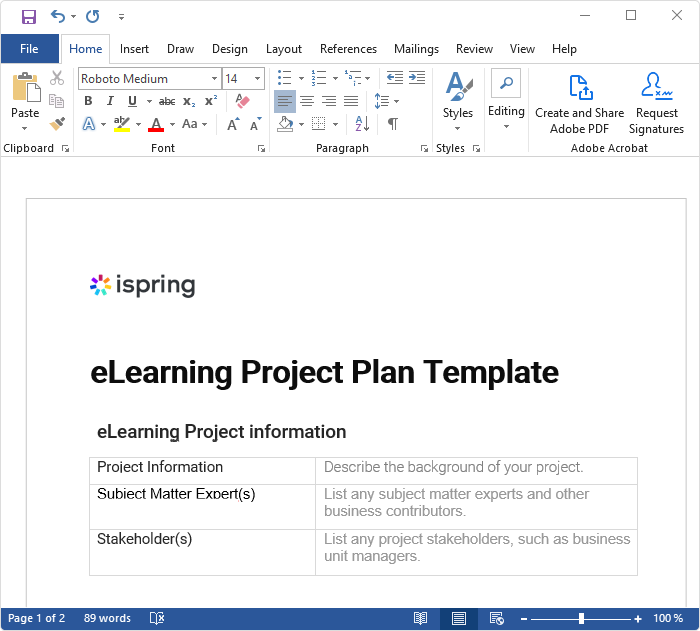Sample eLearning project plan template