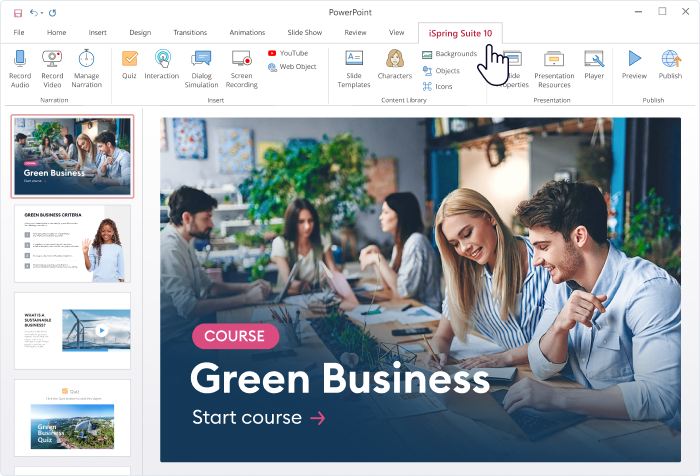 iSpring Suite course iSpring Suite tab