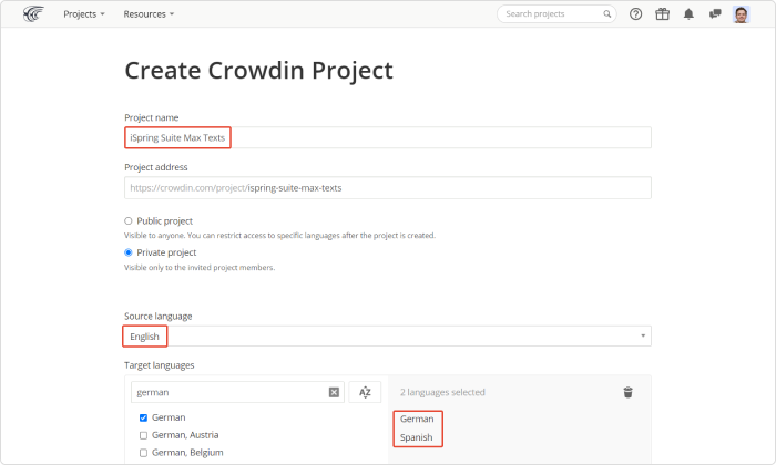 Create Crowdin Project Create Crowdin Project
