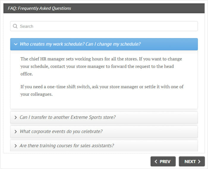 Example of an FAQ interaction FAQ interaction