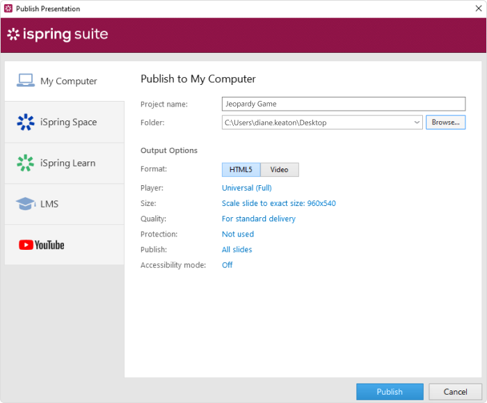 Publishing a presentation with iSprng Suite