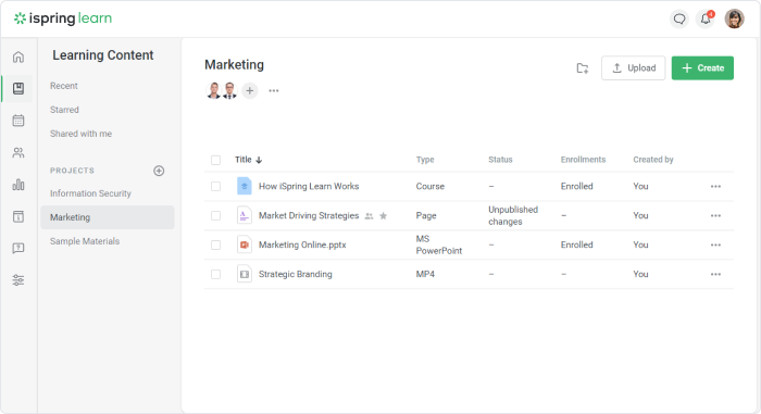Course management tools in iSpring Learn Course management tools