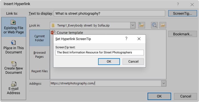 Hyperlink with a tooltip in PowerPoint