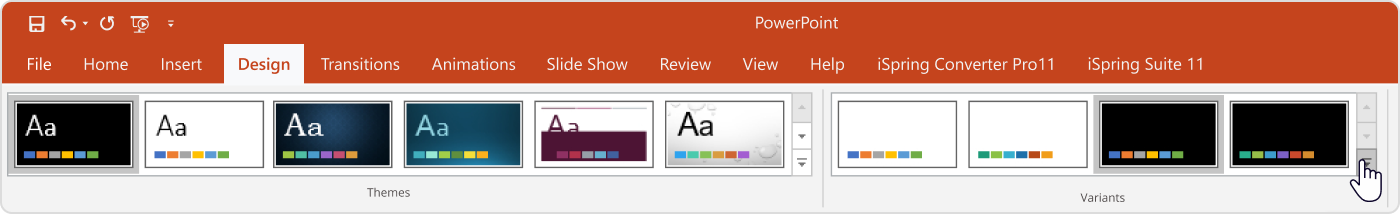 The Design tab on the PowerPoint toolbar
