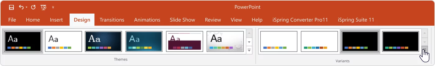 The Design tab on the PowerPoint toolbar