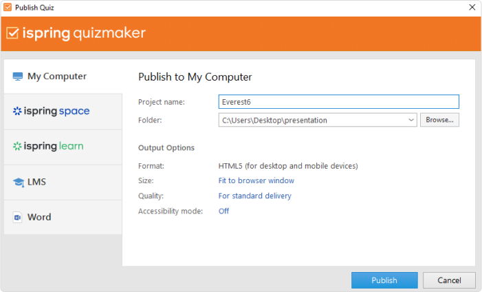 Publishing a quiz to Word in iSpring QuizMaker Publishing a quiz to Word