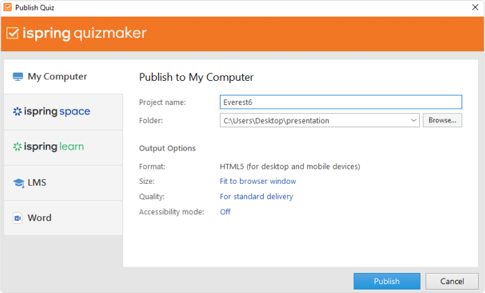 Publishing a quiz to Word