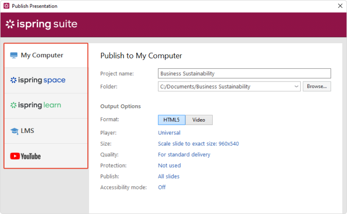 iSpring Suite publishing options Publishing options
