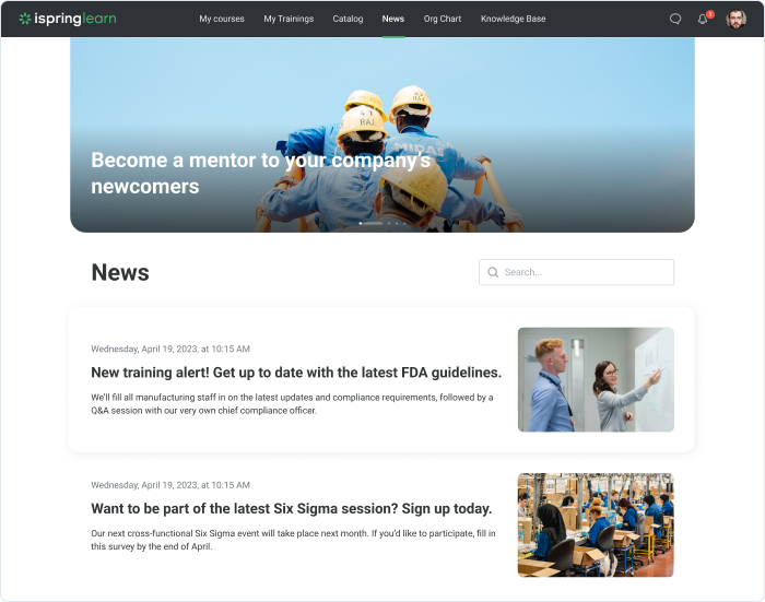 Corporate newsfeed Newsfeed in iSpring Learn