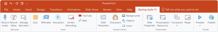 The iSpring Suite tab in PowerPoint