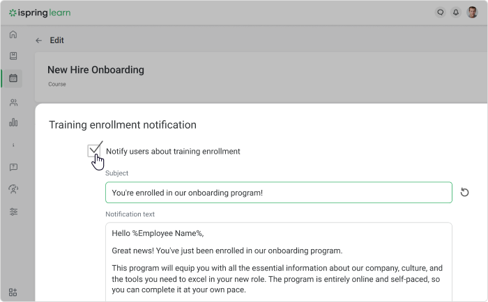 Training enrollment notification LMS notification