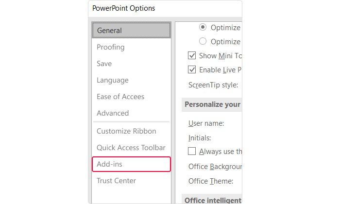 PowerPoint options