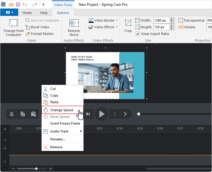Speed settings of a video in iSpring Suite