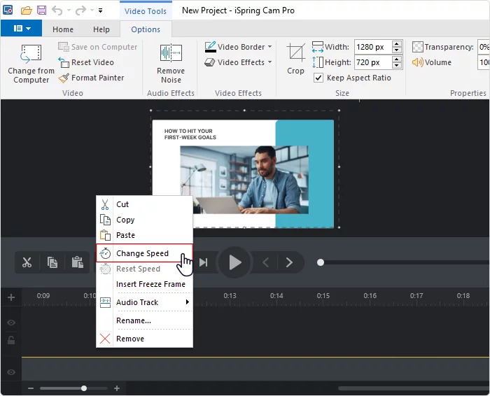 Speed settings of a video in iSpring Suite