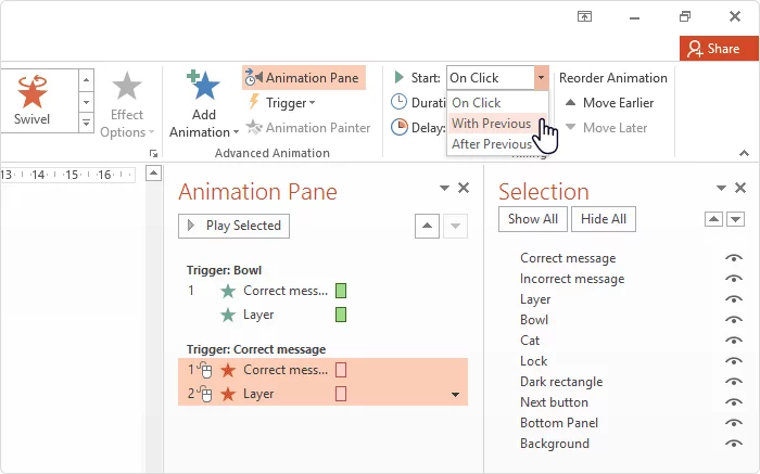 Setting animations to start with previous