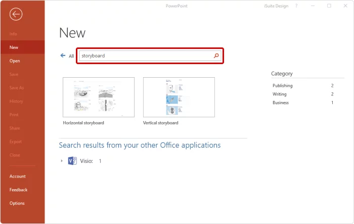 PowerPoint screenshot describing how to find storyboard templates