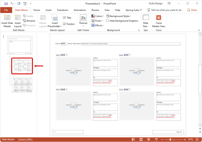 A screenshot of the left side menu showing how to choose the storyboard layout to edit in PowerPoint